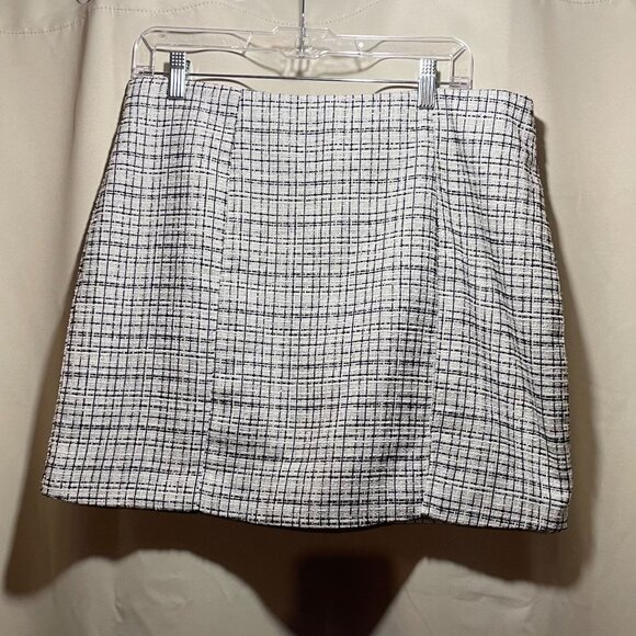Plaid Mini Skirt By Windsor In Black & White /silver Metallic NWT Tweed - Size L - Picture 1 of 3
